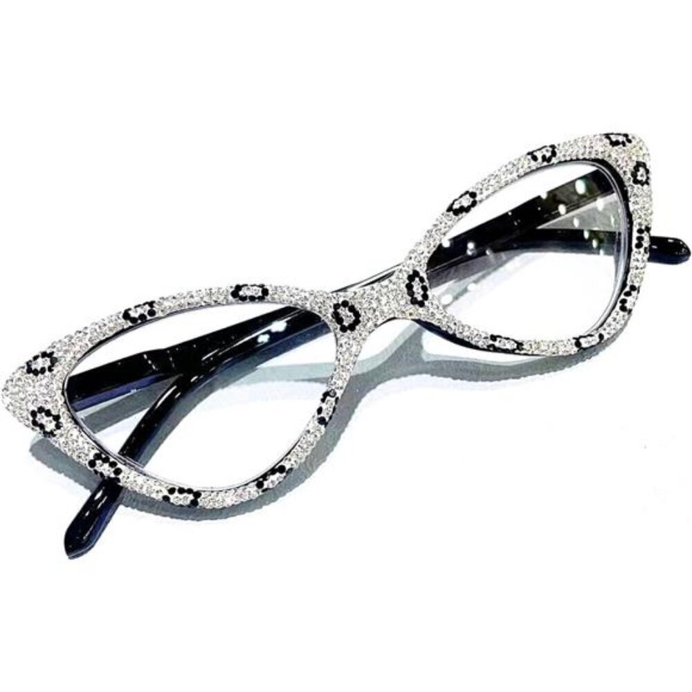White Rhinestone Cat-Eye Glasses Vintage Frames with Black Leopard X1.0 Magnify